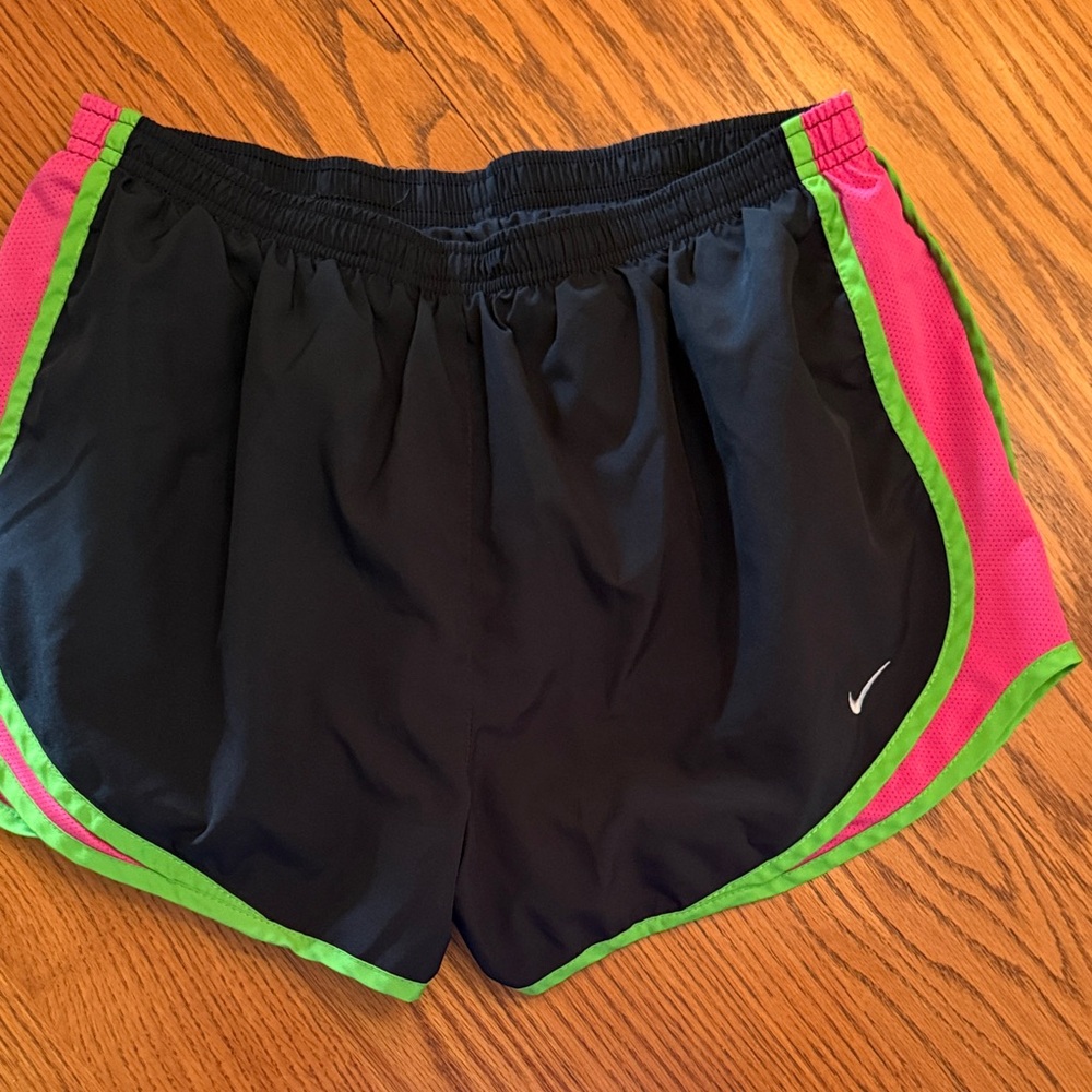 Nike Women’s Black Athletic Shorts with Pink Panels & Green Trim